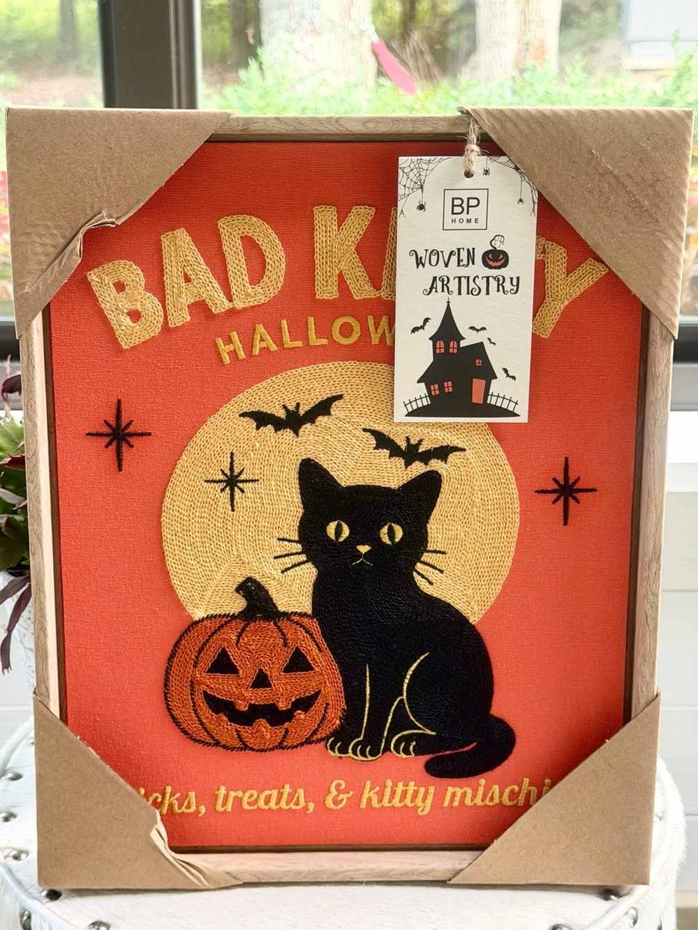 BP Home Bad Kitty Halloween Embroidered Wall Art Orange 12x15 Cat Pumpkin Moon